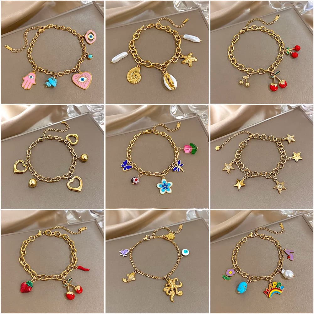 Bracciale a catena in acciaio inossidabile placcato oro moda per donna Braccialetti con ciondoli con nappa a forma di stella carina con cuore e ciliegia Gioielli impermeabili