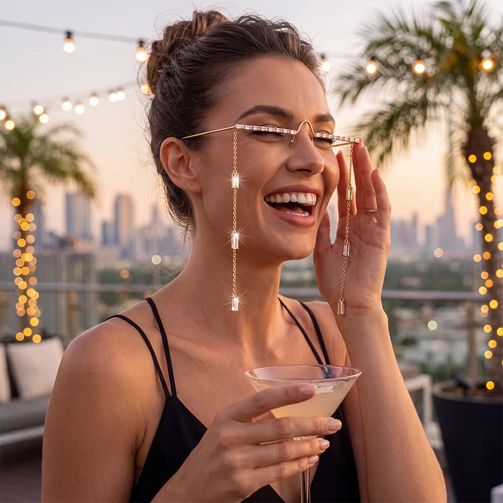 New Rhinestone Rimless Decor Glasses Tassel Chain Geometric Frame Women Party Fashion Eyewear Photo Prop Accessories Gifts