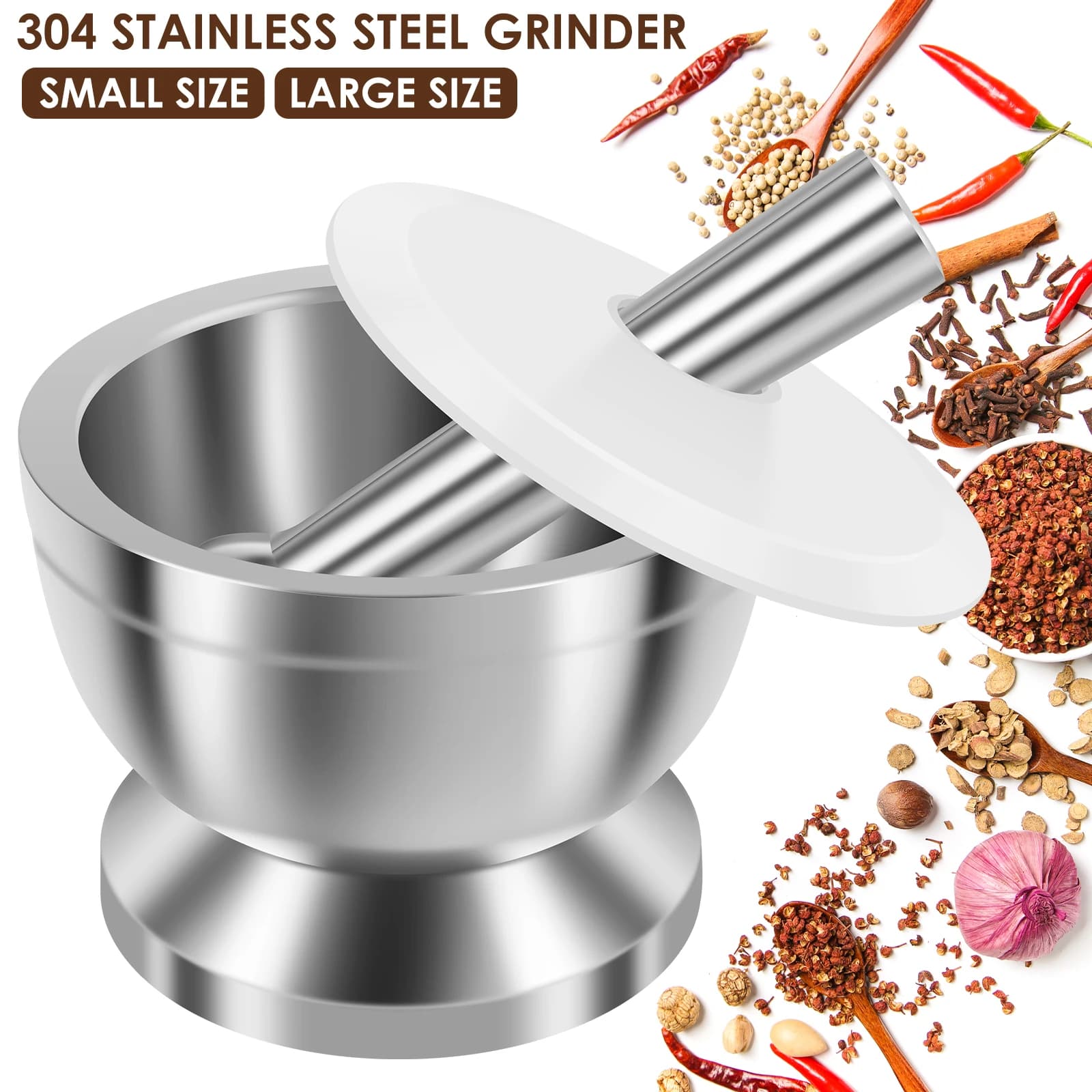 Set Mortaio e Pestello in Acciaio Inox 304, Ciotola Antiscivolo Spessa per Limone, Spezie ed Erbe, Utensile da Cucina Antiruggine