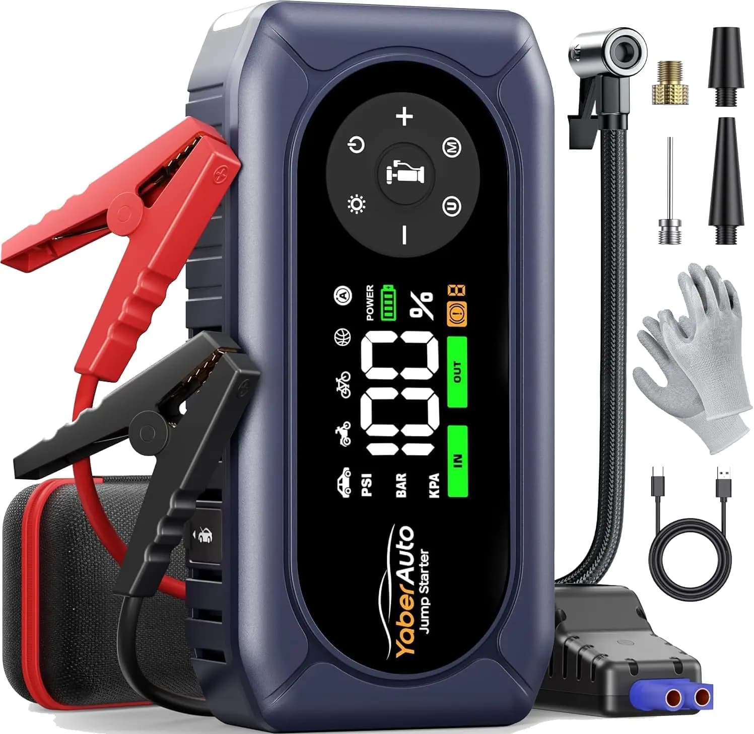 Avviatore di emergenza per auto 9 in 1 da 4500 A con compressore d'aria, gonfiatore per pneumatici da 150 PSI, power bank e luce di emergenza