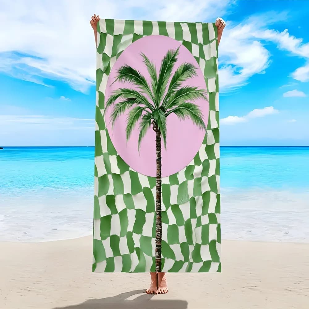 1 telo mare extra large - Con palme tropicali e design a quadri - Leggero, ideale per spiaggia, piscina, campeggio, viaggi
