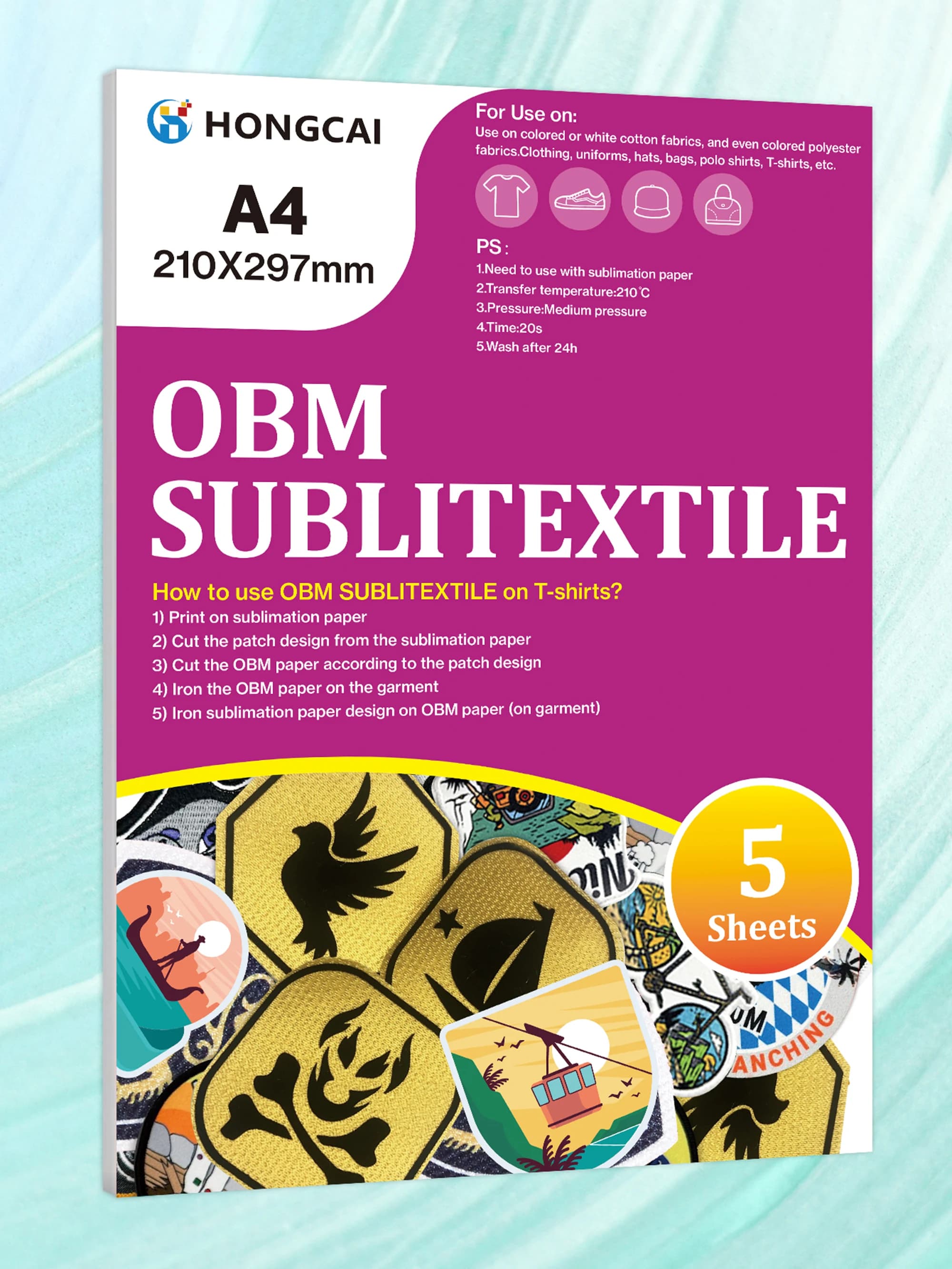 Carta per trasferimento a sublimazione elastica da 5 pezzi/pacco, trasferimento di sublimazione OBM con punti metallici corti in cotone poliestere formato A4