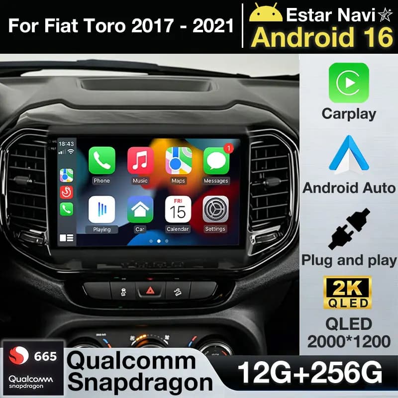 Autoradio Android 16 per Fiat Toro 2017-2021, Lettore Multimediale Stereo Video con Carplay, GPS, NAVI, 5G WIFI, 2K QLED