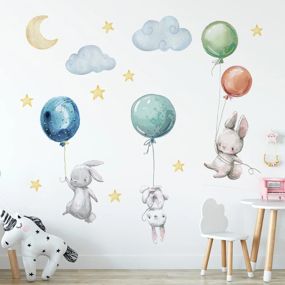 Cute Lovely Flying Rabbits Wall Stickers Balloons Moon Star Cloud Removable Decal for Kids Nursery Baby Room Decor Poster Mural