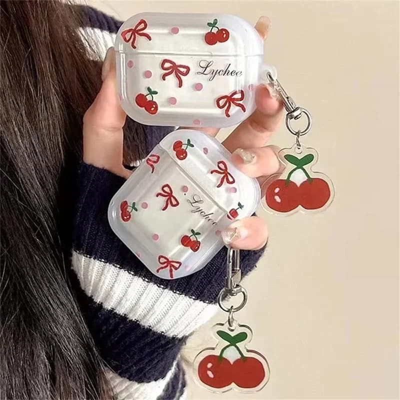 Custodia per auricolari Sweet Bowknot Cherry per Apple Airpods 4 3 2 1 Pro 2 1 Cover con custodia protettiva per auricolari in silicone con cordino in ciliegia
