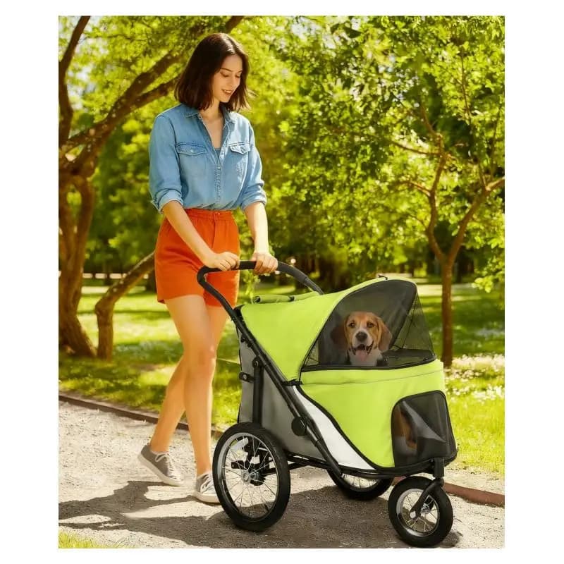 Passeggino per cani a 3 ruote, pieghevole con una sola mano, ruote in gomma, giallo-verde, marsupio per animali con baldacchino, passeggino da viaggio leggero per