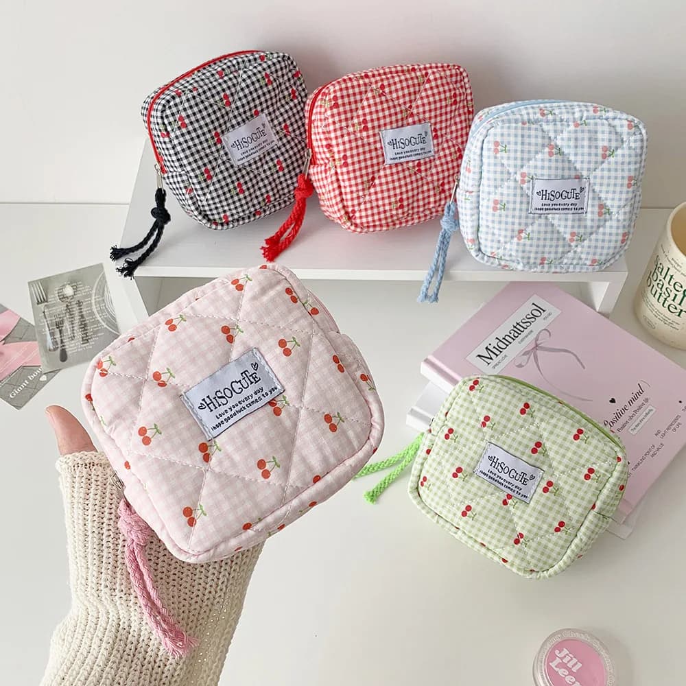 INS Fashion Square Cherry Makeup Bag Cute Girls Portable Large Capacity Travel Washbag Sanitary Cotton Storage Bag Women Gifts