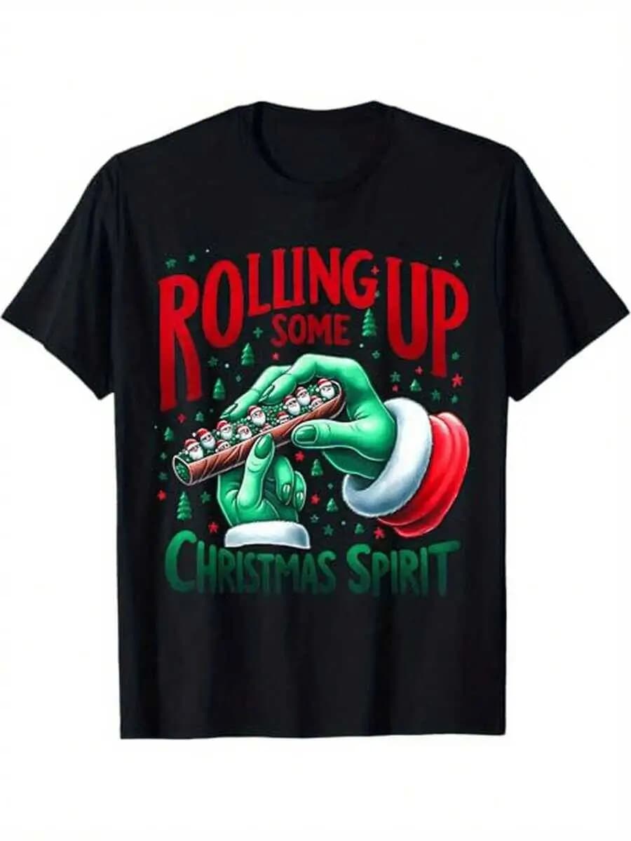 Cheer, Festive Rolling Up Some Spirit Mens T-Shirt| 100%, Comfort Fit, Black With Holiday Graphics, Sizes S-XXXL, Crew 100%
