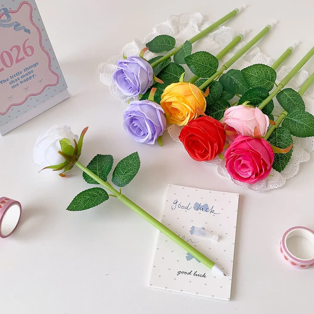 Set di 6 Penne Gel a Forma di Rosa Cartoon, 0.5mm, per Studenti, Regalo per Bambini, Vendita all'Ingrosso