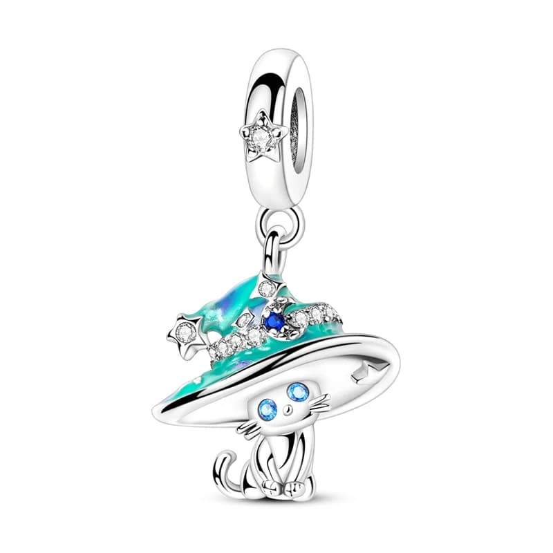 Nuovo Ciondolo Charm Gatto con Cappello Magico Luminoso in Argento Sterling 925, Adatto per Braccialetti Originali da 3mm, Gioielli Fai-da-Te per Donne, Regalo di Anniversario
