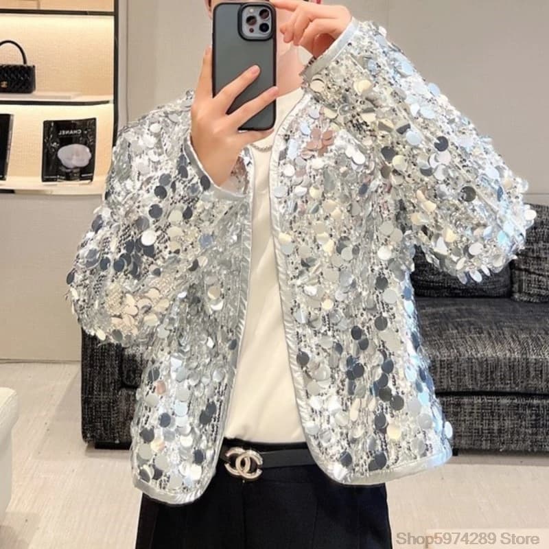 Giacca con paillettes lucide da uomo Giacca bomber casual a maniche lunghe scintillante argento nero da uomo Cappotti da strada alla moda per club party