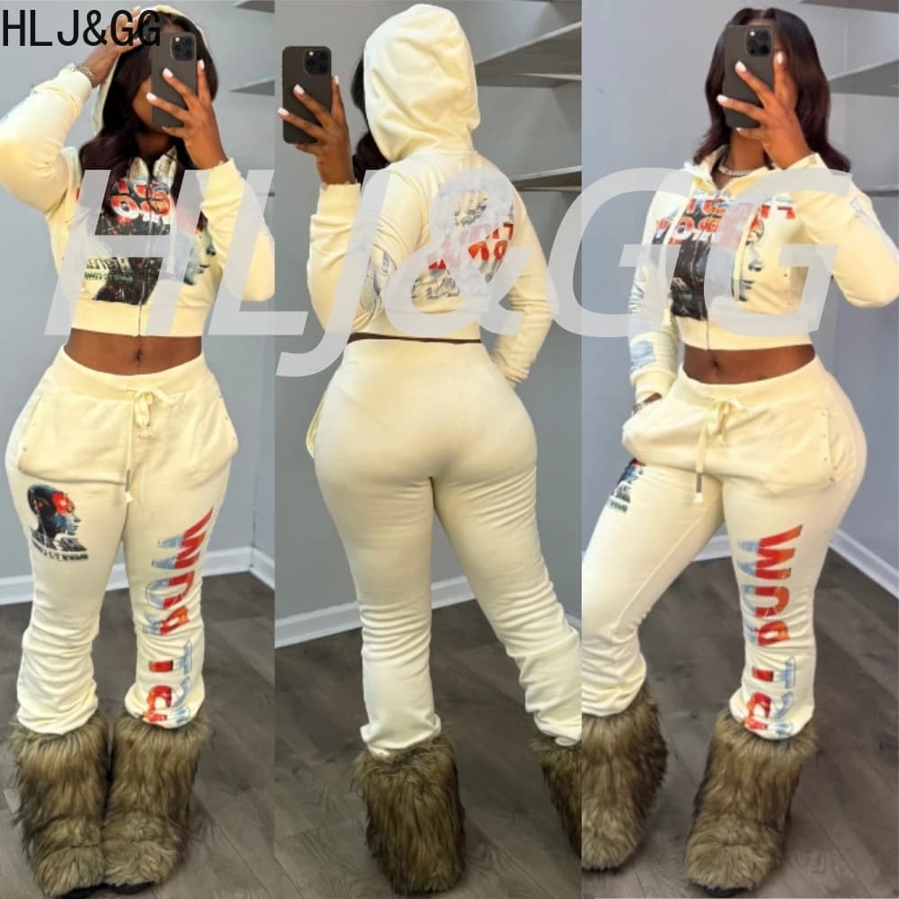 HLJ&GG American Retro Y2K Letter Printing Hooded Two Piece Sets Women Long Sleeve Crop Top And Jogger Pants Outfits Streetwear