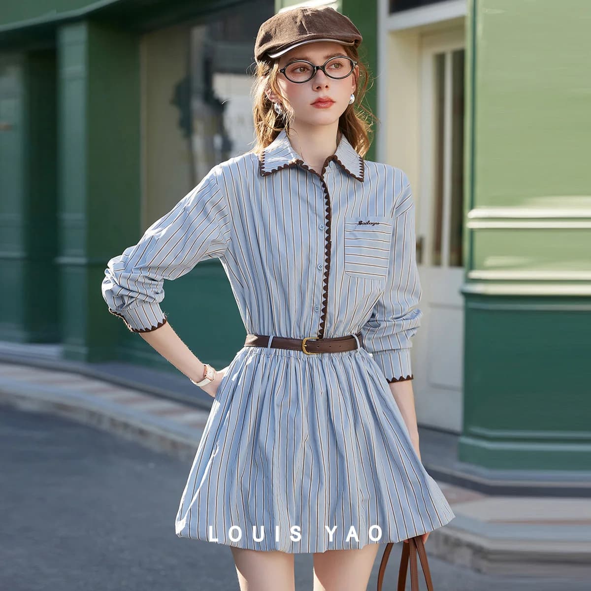Abito Midi da Donna LOUIS YAO con Colletto a Risvolto, Spalle Scoperte e Maniche Lunghe, Collezione Primavera 2026, con Cintura Elastica Effetto Ringiovanente