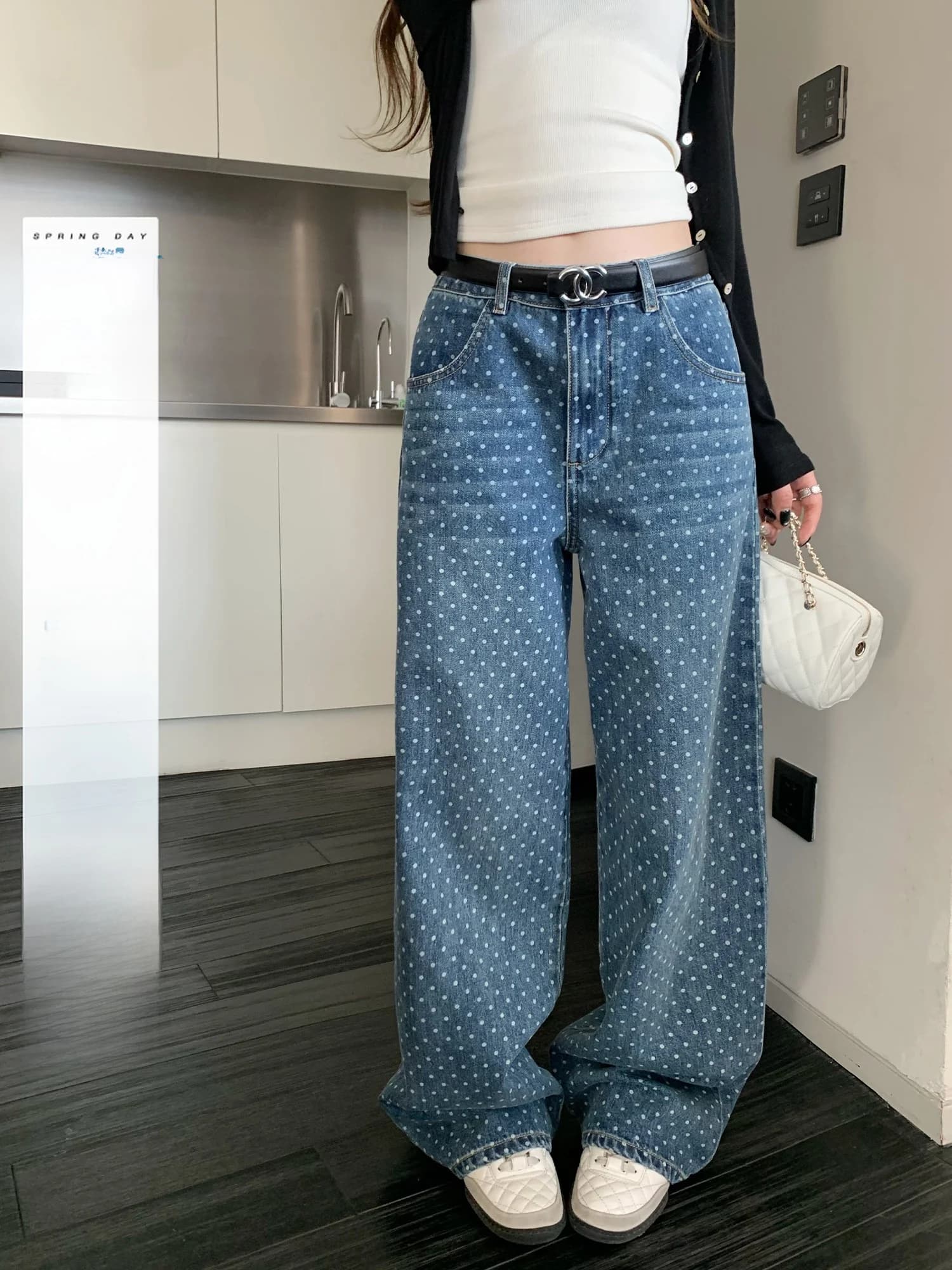 Hhyii Retro Polka Dot Denim Low Waist Design Women's Fashion Wide Leg Jeans Straight Cut Spring 2026 New Arrival