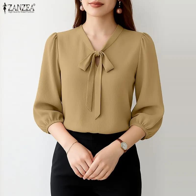 ZANZEA Women's blouses with rubbish texture, elegant top with bow neck and 3/4 sleeves, minimalist summer blouse in woman's solid color