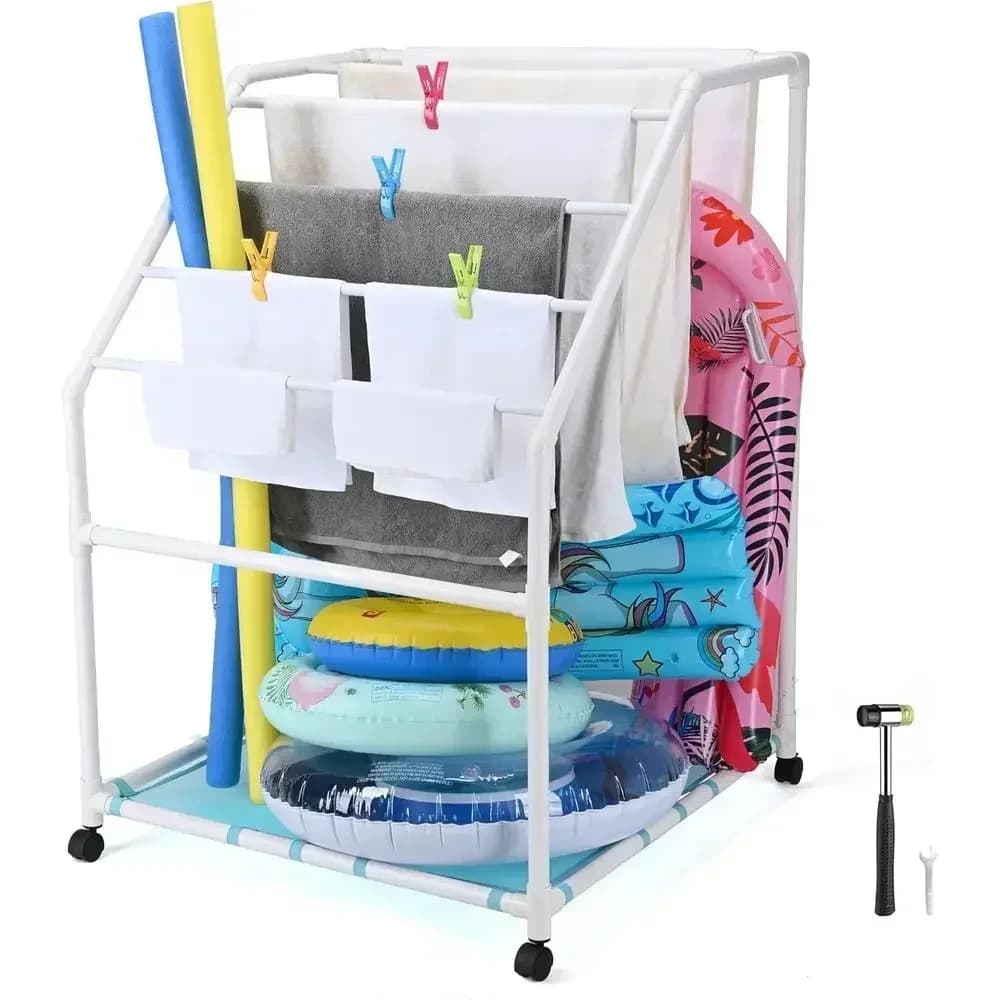 Outdoor Heavy-Duty PVC Pool Towel Rack with 7 Bars, 4 Lockable Wheels, and 4 Clips for Beach and Swimming Accessories