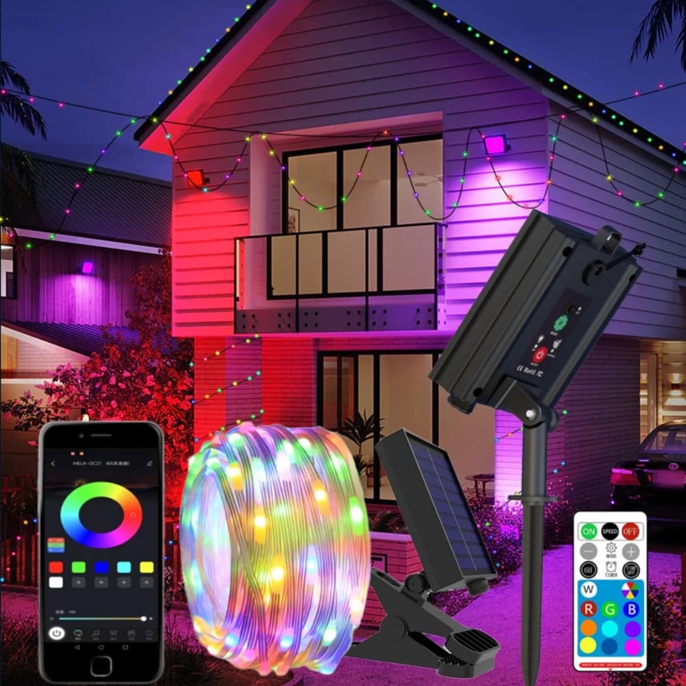 Controllo APP Bluetooth Lampada a stringa solare RGB Luce fata Impermeabile Decorazione di nozze per esterni Ghirlanda Luci natalizie per feste