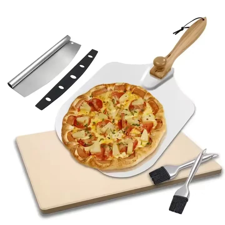 Set di pietre per pizza in acciaio inossidabile Manico in legno Pala per buccia di pizza Spazzola da forno e taglierina per pizza