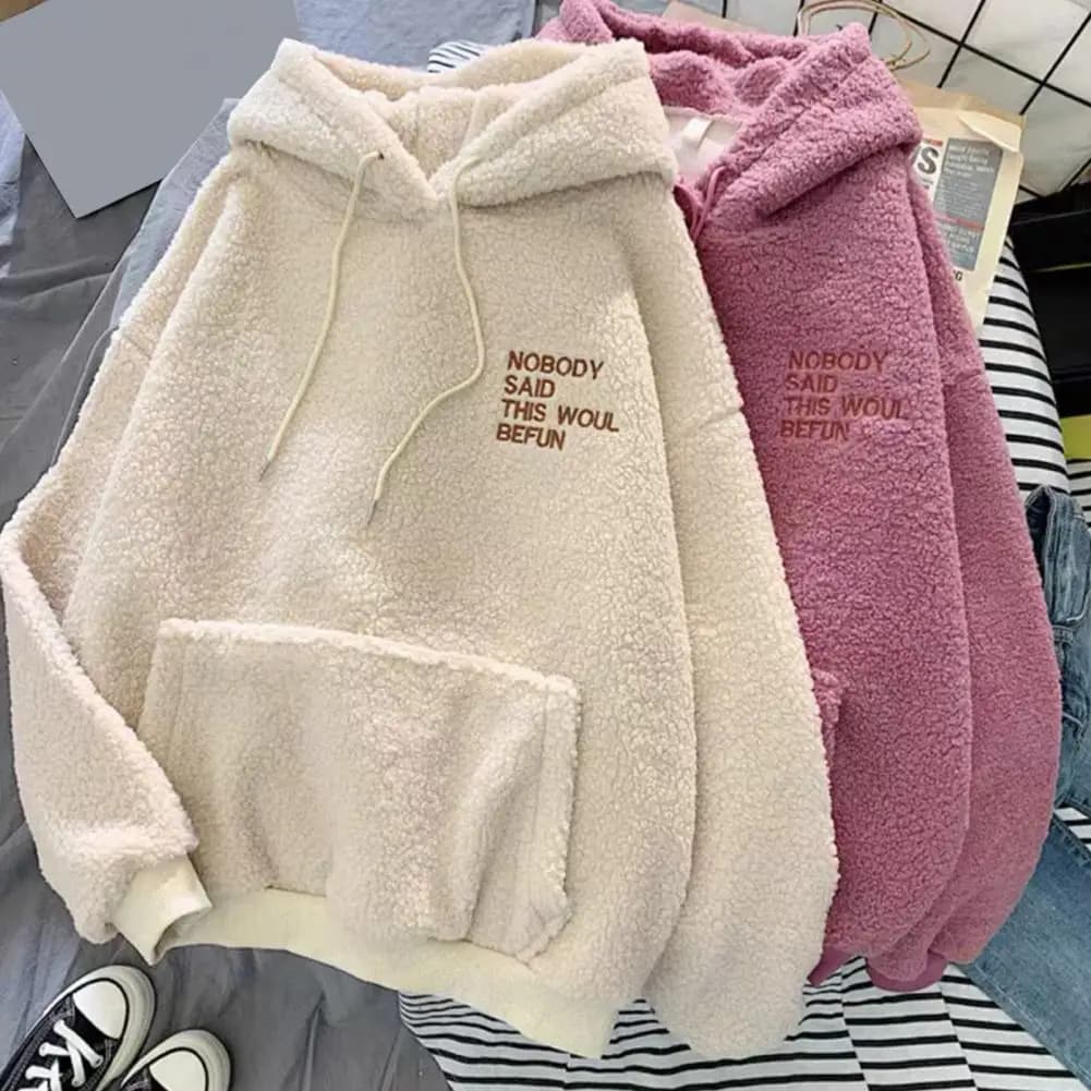 Felpa con Cappuccio da Donna 2026 con Ricamo a Lettere, Invernale, in Pile, con Coulisse, Foderata in Pile Spesso, Stile Coreano, 80% Pile