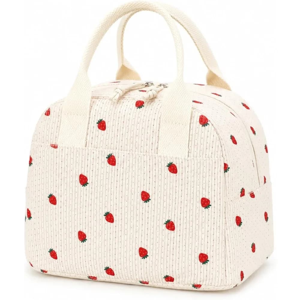 Insulated Strawberry Lunch Bag for Women, Stylish Corduroy Tote with Aluminum Lining, Large Capacity Reusable Cooler for Work, Travel, Beach or Picnic, Beige Cream Water-Resistant Lunch Box