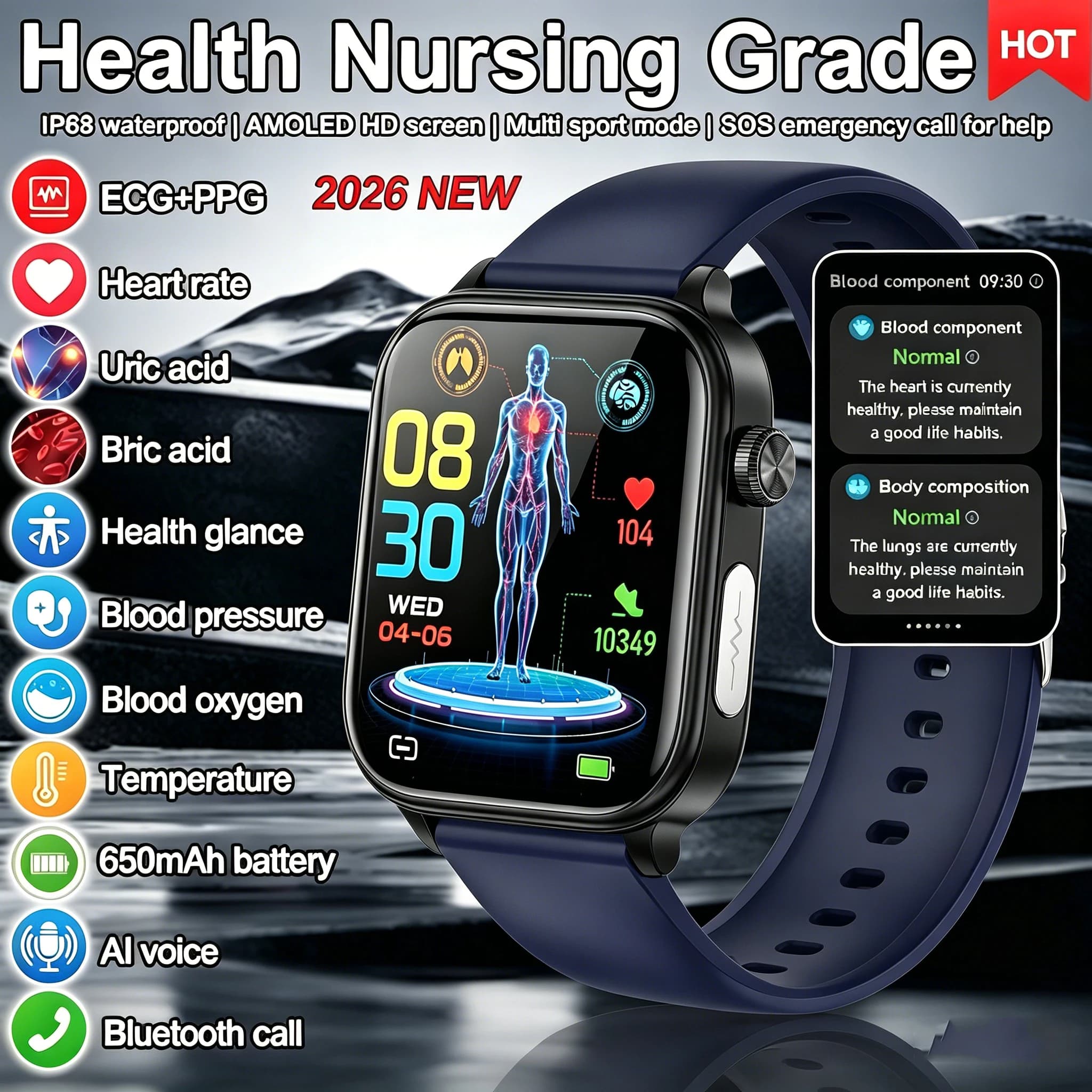 Smartwatch Marsyu per Uomo con Diagnosi ECG+PPG, Analisi di Cinque Organi, Acido Urico, Lipidi nel Sangue, Pressione Sanguigna, Temperatura e Frequenza Cardiaca