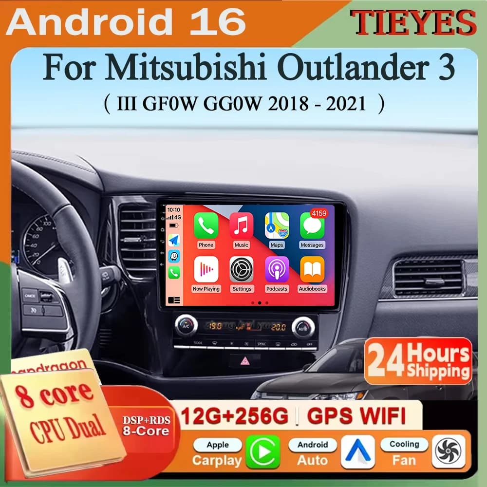 Autoradio Android 16 con Carplay e Auto, Navigatore GPS, Lettore Multimediale Stereo per Mitsubishi Outlander 3 III GF0W GG0W 2018 - 2021