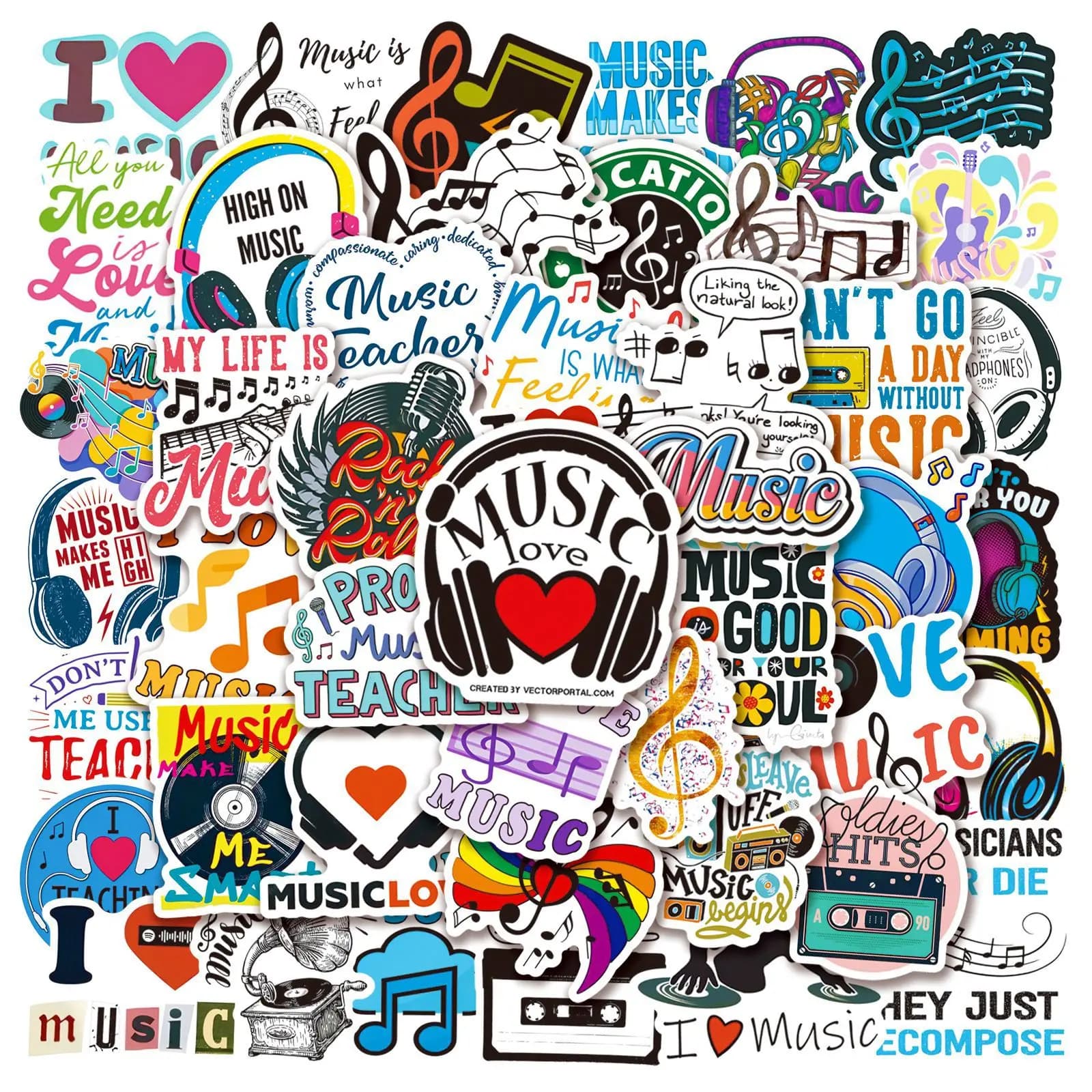 50/100 Pezzi Adesivi Colorati a Tema Musicale HD per Skateboard, Laptop, Tazze, Caschi, Chitarre, Pianoforte, Scatole di Cancelleria, Decalcomanie con Forte Adesione
