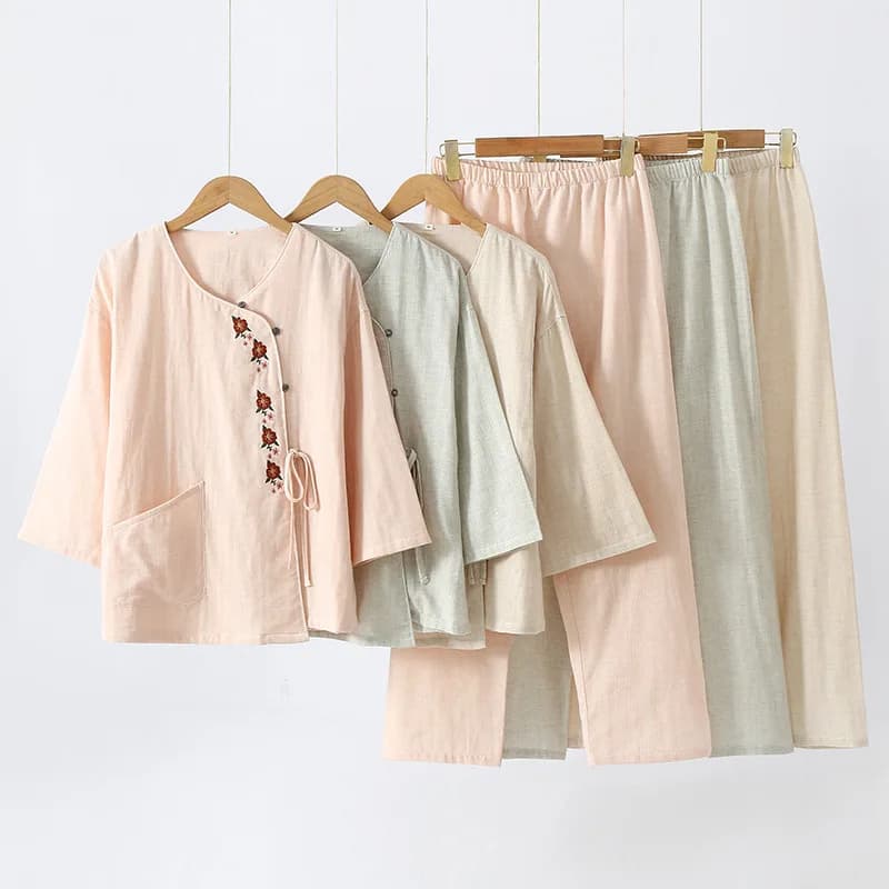 Nuovo pigiama da donna in puro cotone stile nazionale cinese ricamato a doppio strato in filato pantaloni a maniche lunghe Loungewear vestito da donna