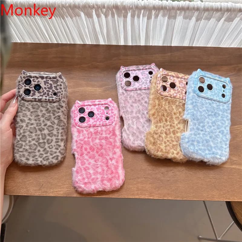 Lens Protection Cute Leopard Plush Fur Phone Cases For Apple iPhone 17promax 17 16 Plus 15 14 13 Shockproof Soft Silicone Cover