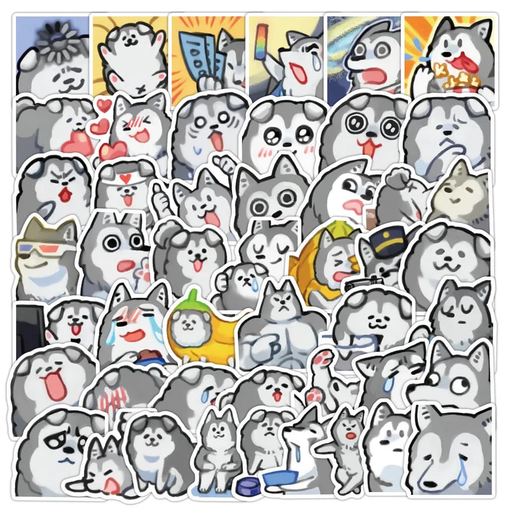 Adesivi Kawaii Husky Emoji da 50 fogli - Decalcomanie in vinile certificate EN71 per tazze ed estetica per laptop