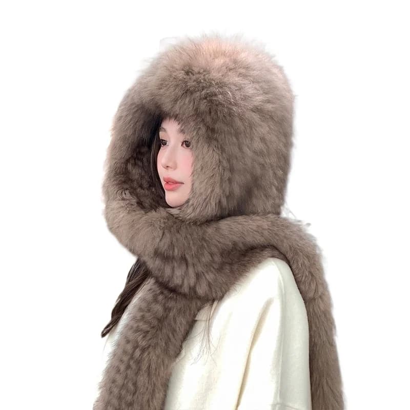 Premium fox hair hat, scarf, integrated snow hat, women's autumn and winter warm double-sided thickened plush ear protection hat