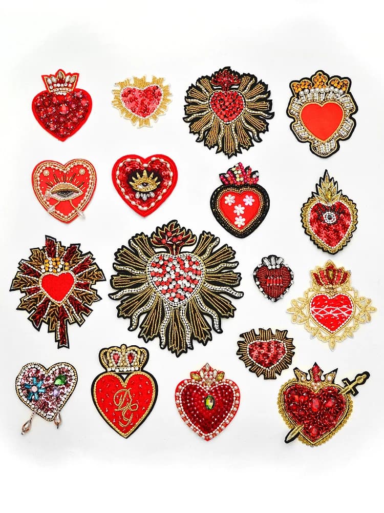 Large Handmade Beaded Embroidered Red Heart Shaped Fabric Patches Fashion DIY Decorations for Clothes Pants Jackets