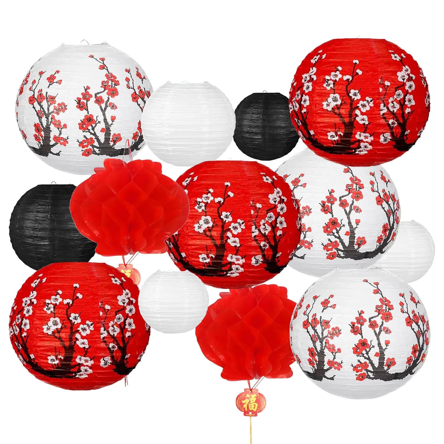 Lanterne di carta sospese cinesi giapponesi con fiori di ciliegio - Matrimonio rotondo, compleanno, ristorante orientale, decorazione per feste domestiche