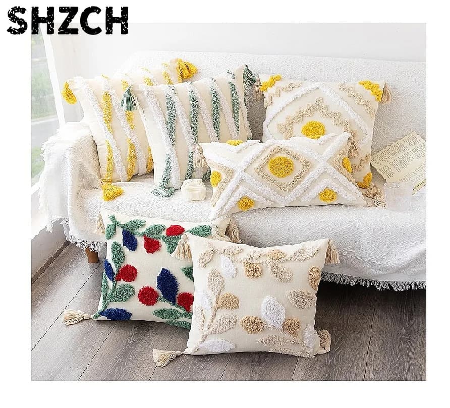 Bohemian Geometric Tufted Cushion Cover with Fringes, Soft Plush Pillow Case for Sofa Home Decor