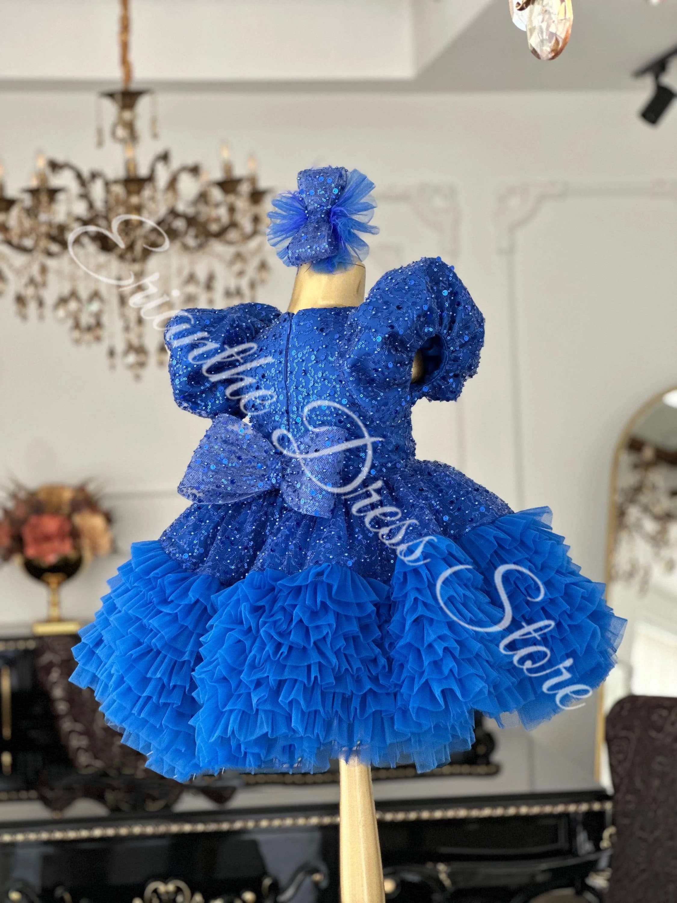 Blu gonfio con fiocco tulle scintillante elegante paillettes increspate personalizzato festa di compleanno per bambini abiti da ballo prima comunione personalizzati
