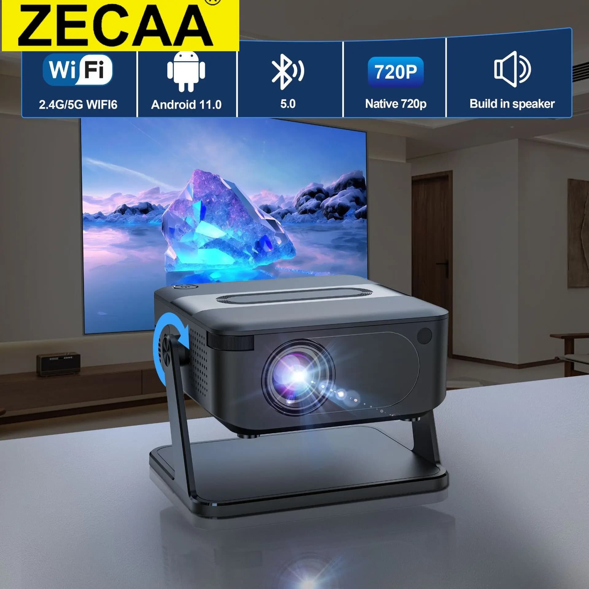 ZECAA Full HD 720P 200 ANSI 4K 2.4G + 5G Dual Band WiFi 6 Android 11 Proiettore cardanico intelligente portatile Bluetooth 5.0 Smart Home
