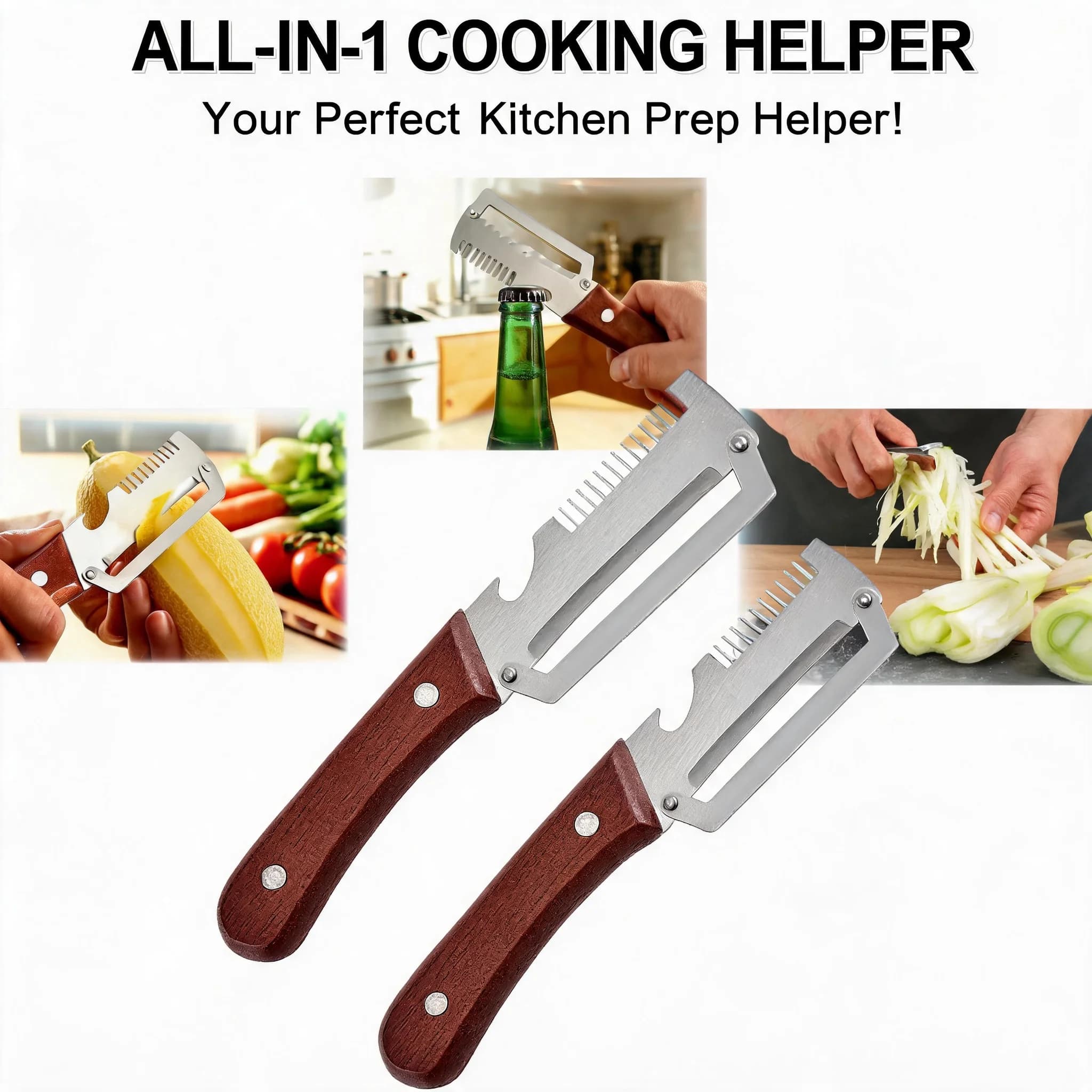 Pelapatate 3-in-1 con Manico in Legno, Coltello Seghettato Multi-angolo con Apribottiglie, Utensile da Cucina Multifunzionale