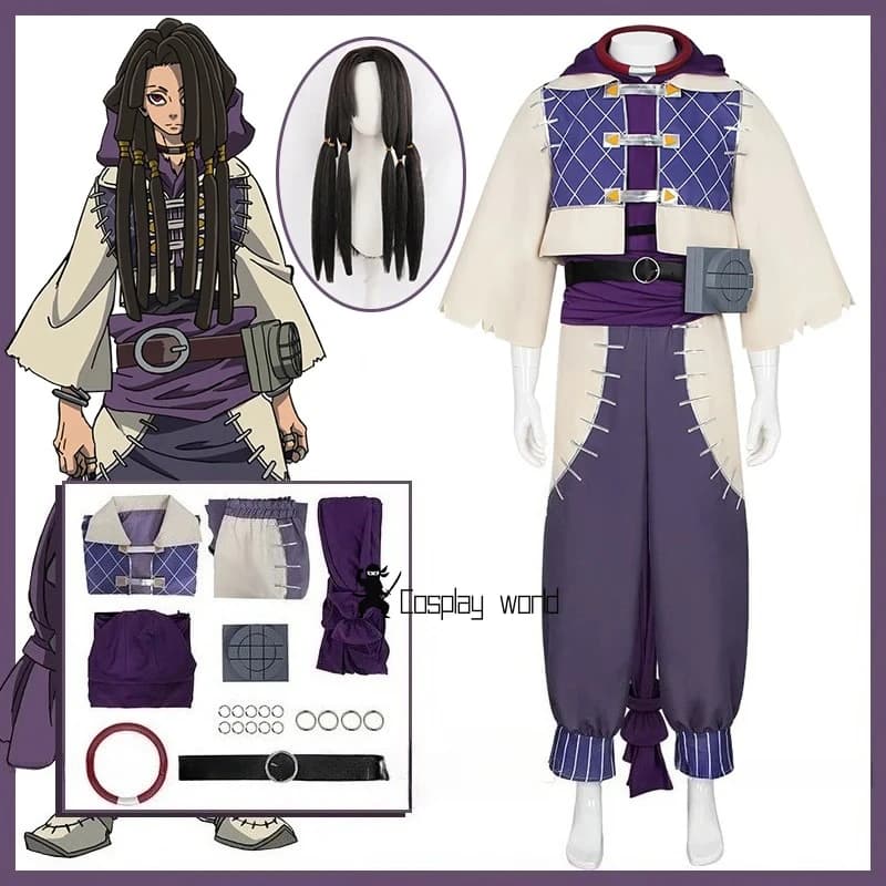 Costume Cosplay Anime Gachiakuta Jabber Wonger with Wig, Coat, Vest, Collar, Belt, Rings, Bracelet, Accessories and Objects for Halloween Celebration