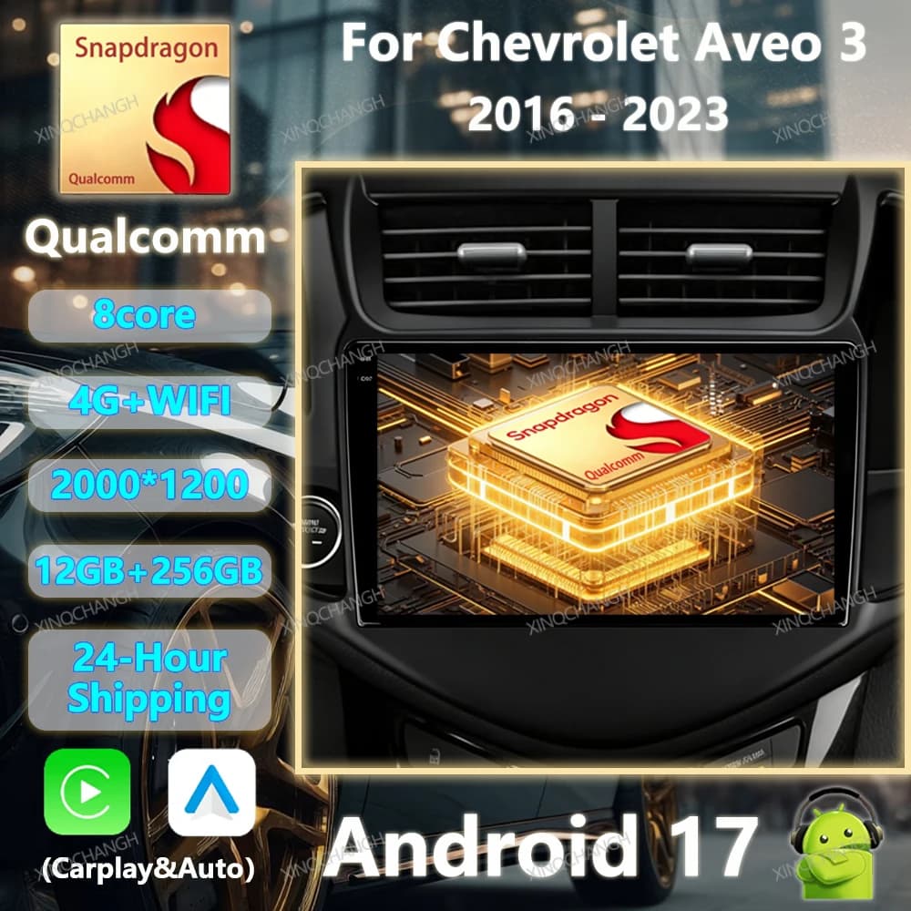 Android 17 Car Radio For Chevrolet Aveo 3 2016 - 2023 Carplay Auto Qualcomm GPS Head Unit QLED 4G LTE 5G WIFI BT 2DIN Navigation