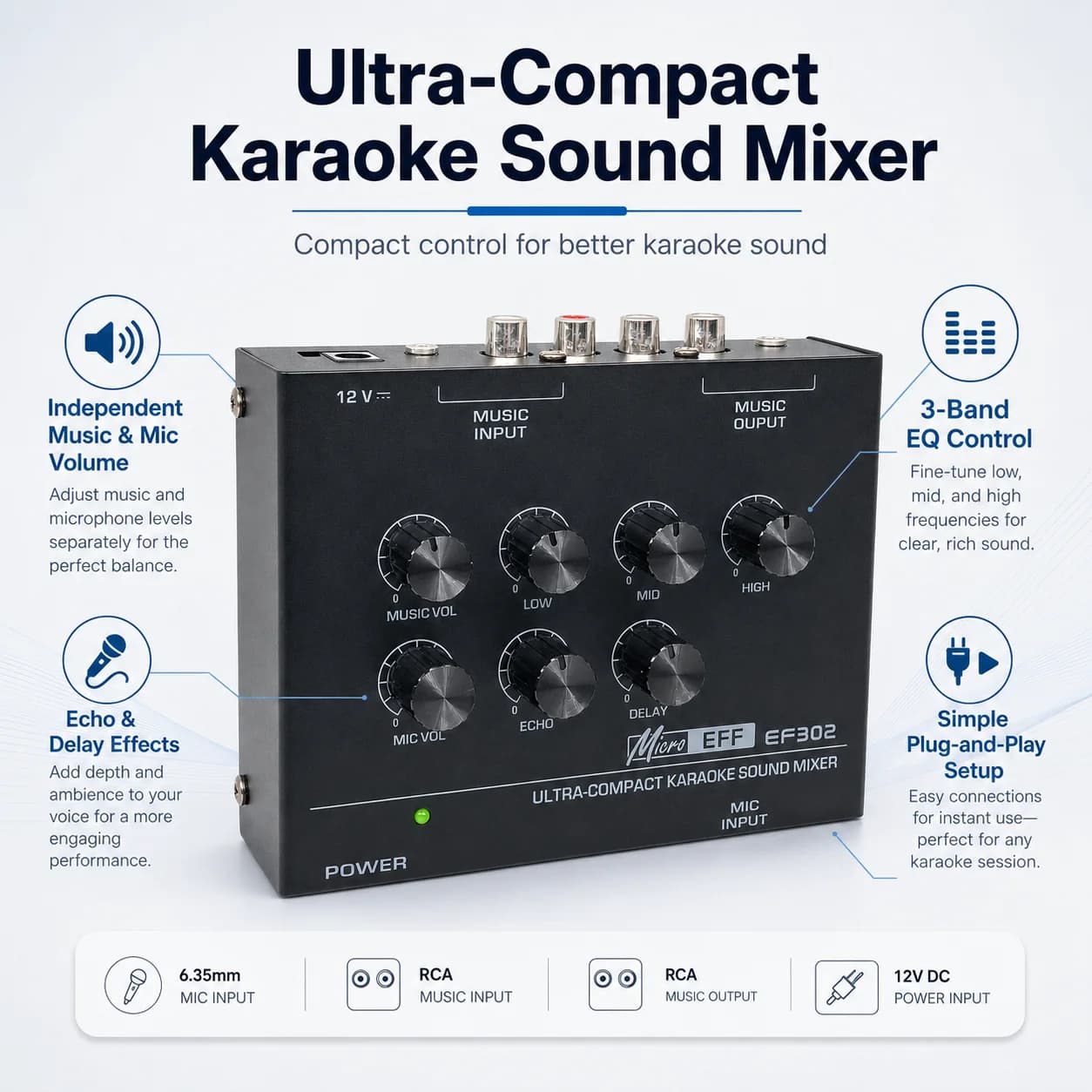 Mini Karaoke Audio Mixer EF302 7 Knobs Adjust Echo Delay Mic Music Volume Low Mid High EQ Control Portable Sound Mixing Console