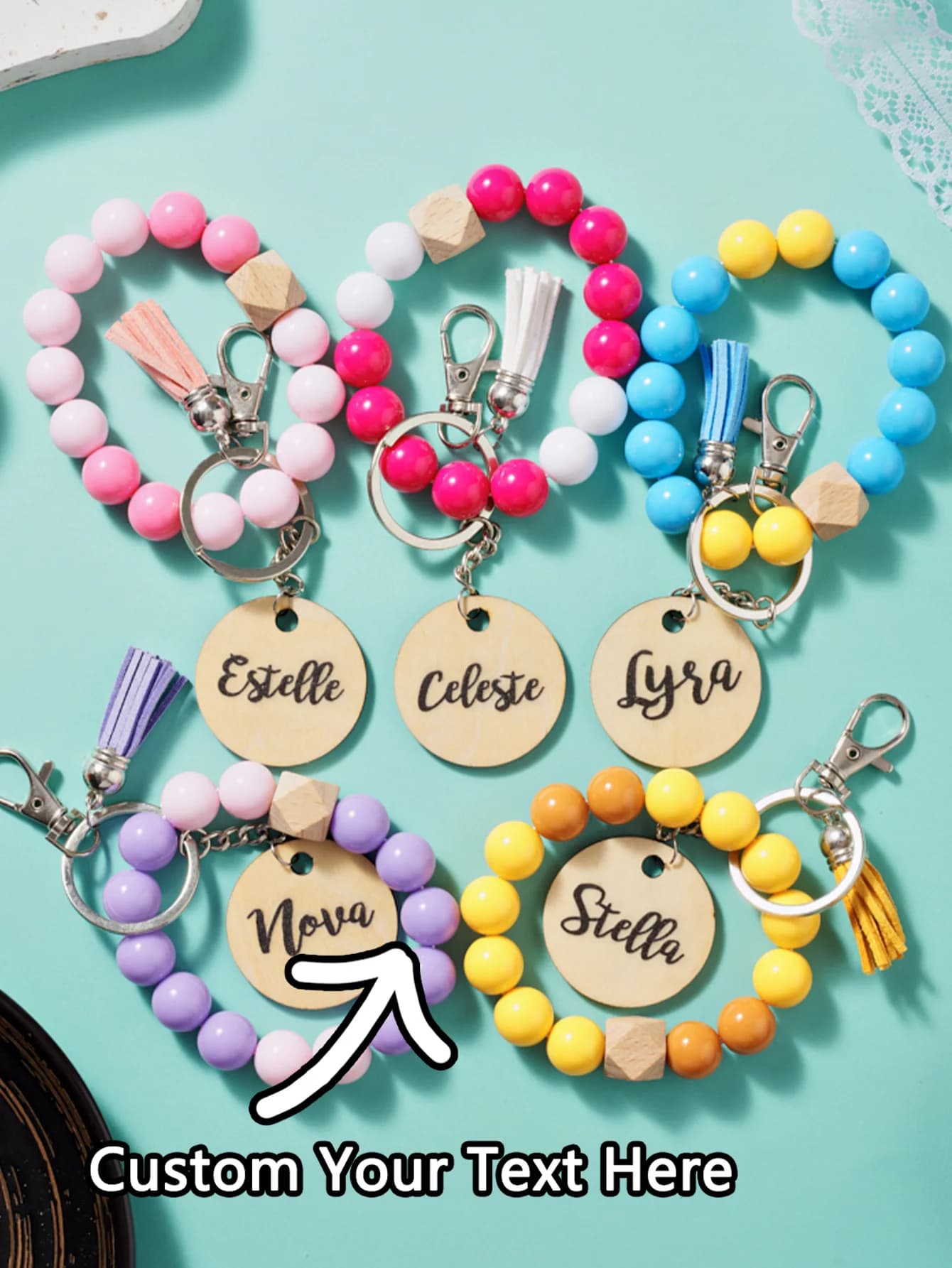 Portachiavi con perline personalizzato 1PC - Nome personalizzato con perla solida inciso al laser Nappa multicolore Comodo regali unici Uso quotidiano