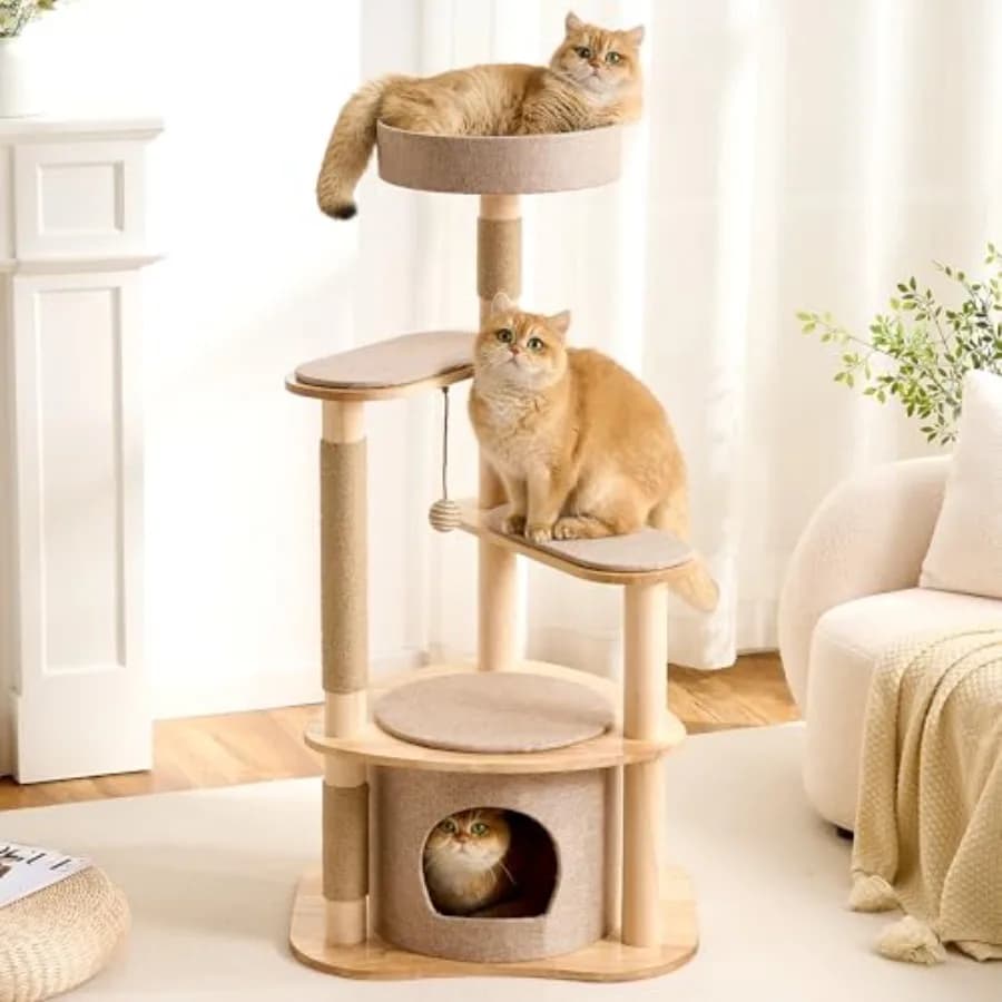Moderno Tiragraffi per Gatti a 46 Livelli in Legno con Posti di Tiragraffi in Pino Naturale e Cuccia per Gatti Adulti, in Legno Massello di Gomma e Lino, Multi-Livello I