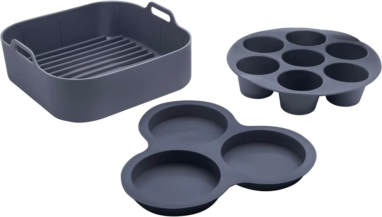Set di accessori per friggitrice ad aria Gourmia - 3 pezzi in silicone, rivestimento, supporto per uova, stampo per cupcake a 7 fori, senza BPA, antiaderente, resistente al calore