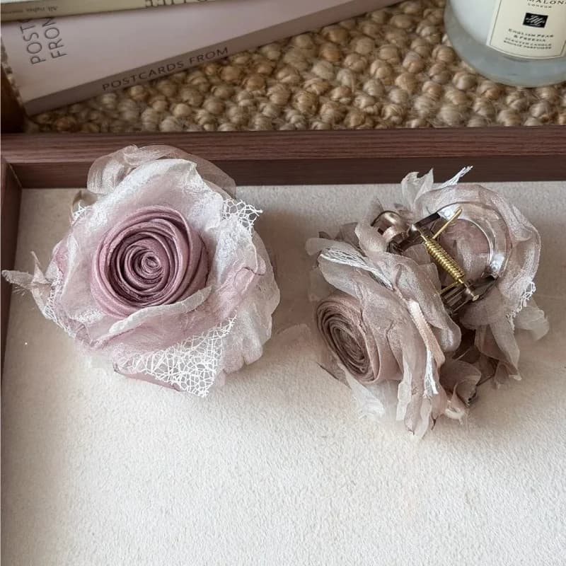 Retro Rose Organza Lace Hair Claw Lazy Low Bun Sweet Hair Clip