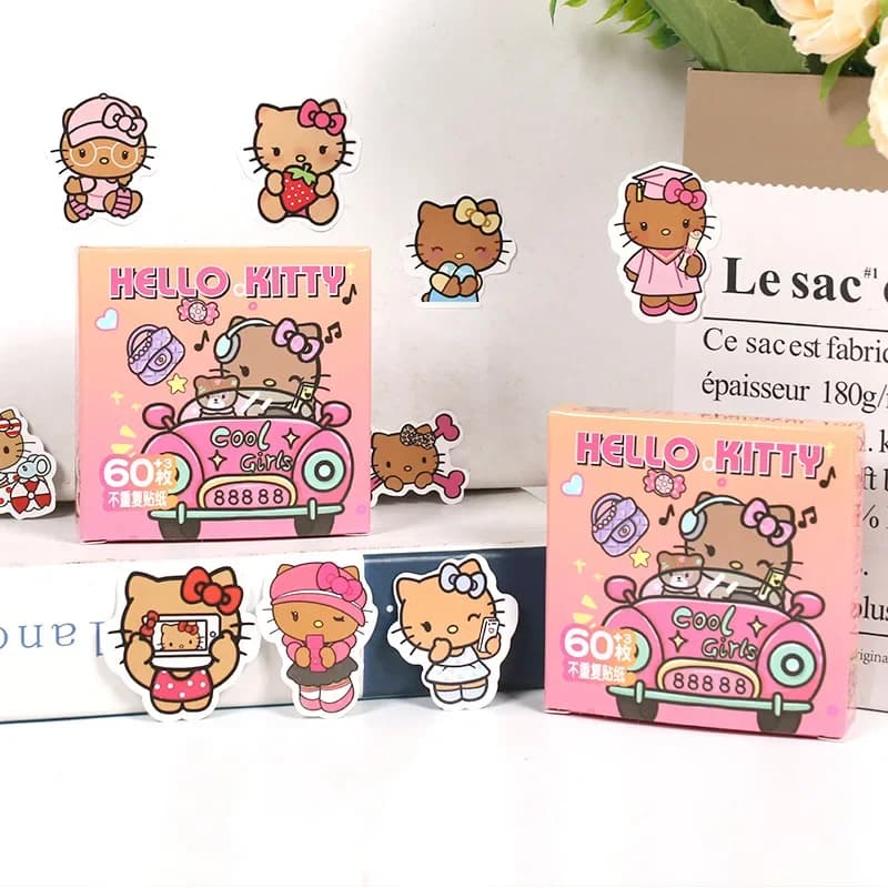 60pcs Black Leather KT Cat Sticker Gift Box with Cute Cartoon Creative Account Decoration Waterproof DIY Toys