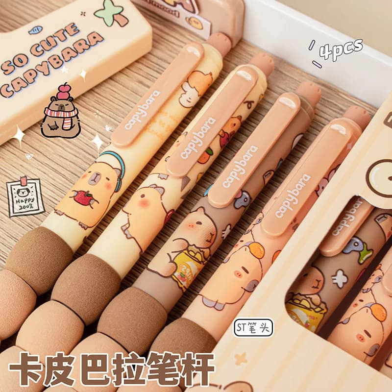 4Pcs/Box Cute Cartoon Capybara Soft Grip Side Press Erasable Gel Pen Student Neutral Pen Blue Writing Ink Pens School Supplies