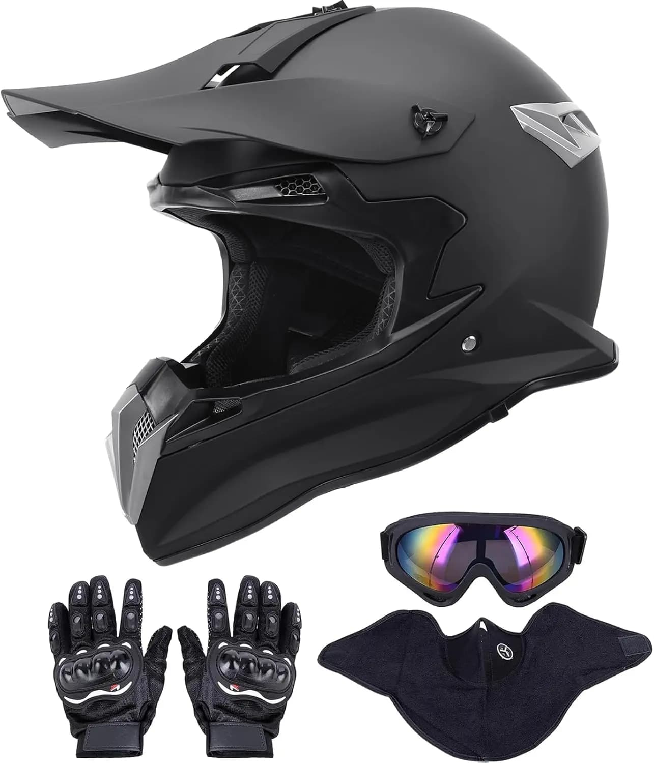 Integral helmet for Motocross, UTV Motorbike helmet for Adults, Eyewear, Gloves and Facial Mask, Opaque Black Motorcycle Accessories