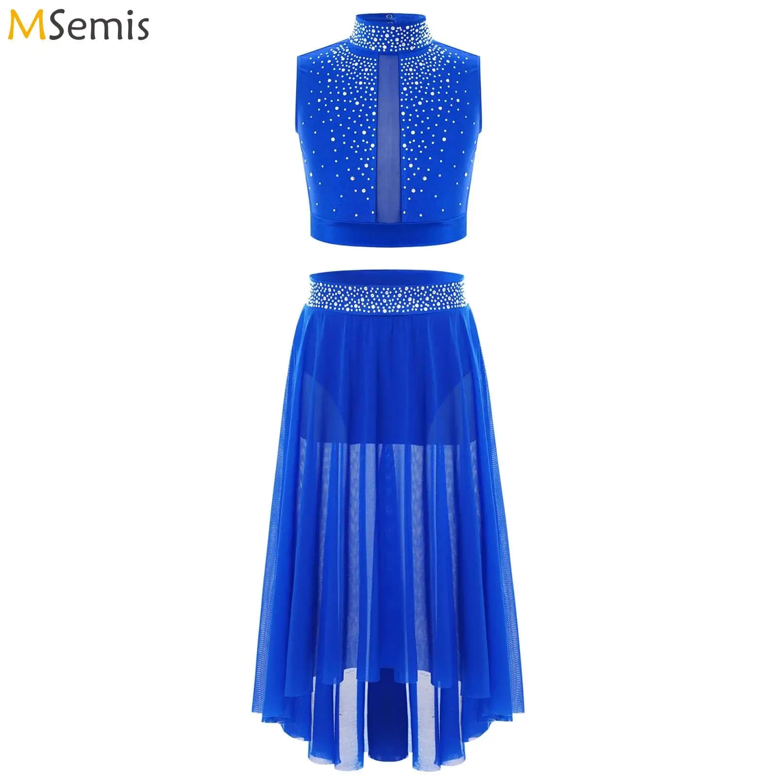 Costume da balletto per ragazze, pattinaggio di figura, senza maniche, con strass, top corto con gonna a rete, lode, abbigliamento da ballo moderno, vestito da ballo lirico