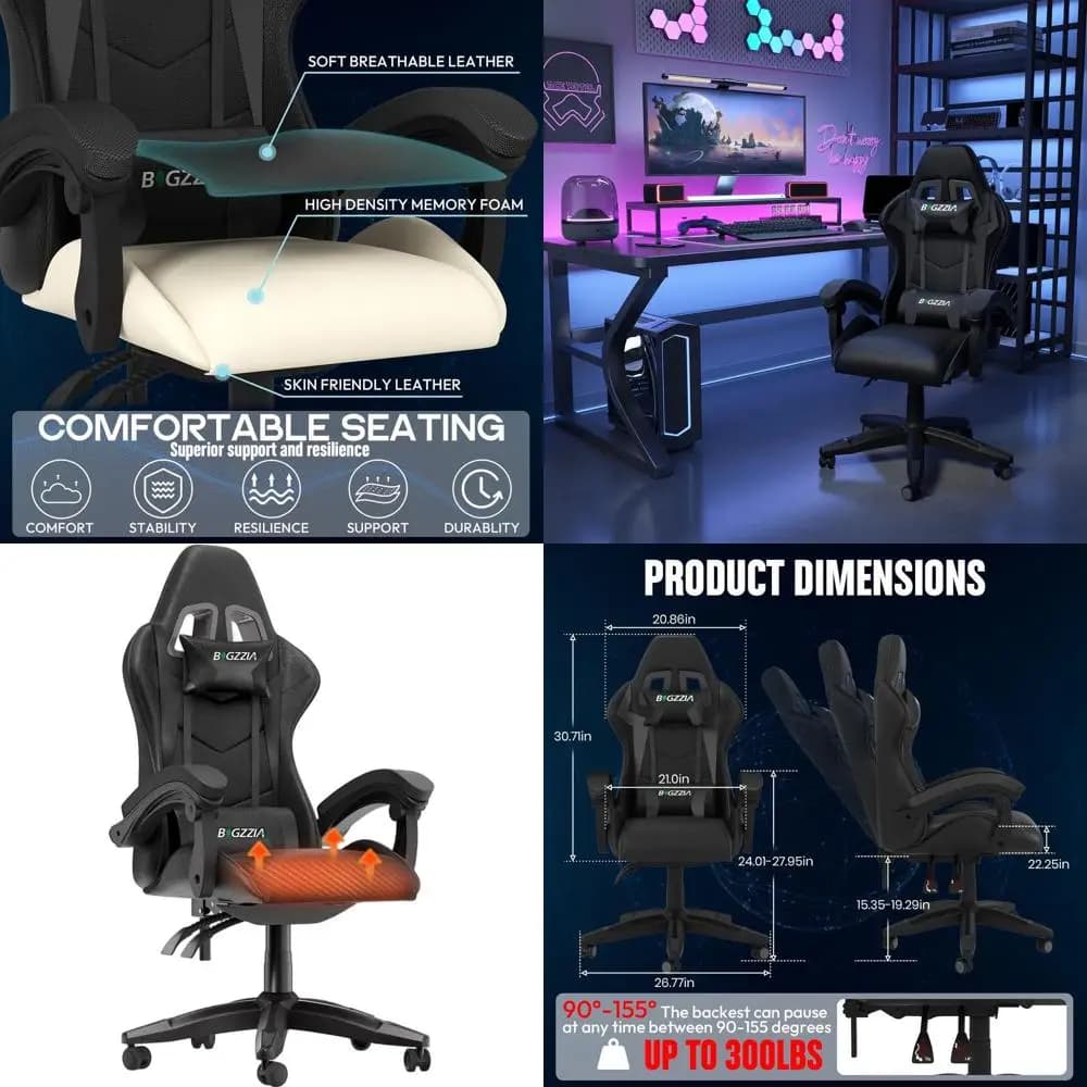 Sedia da Gaming Ergonomica con Cuscino Riscaldato, Supporto Lombare, Rotazione a 360° ° Sedia Girevole per Adulti - Nera