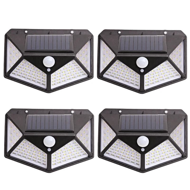 1-4PCS 100LED 1200MA Lampada da parete solare 4 lati luminosi con sensore di movimento Induzione umana Cortile Lampada da parete per esterni Impermeabile